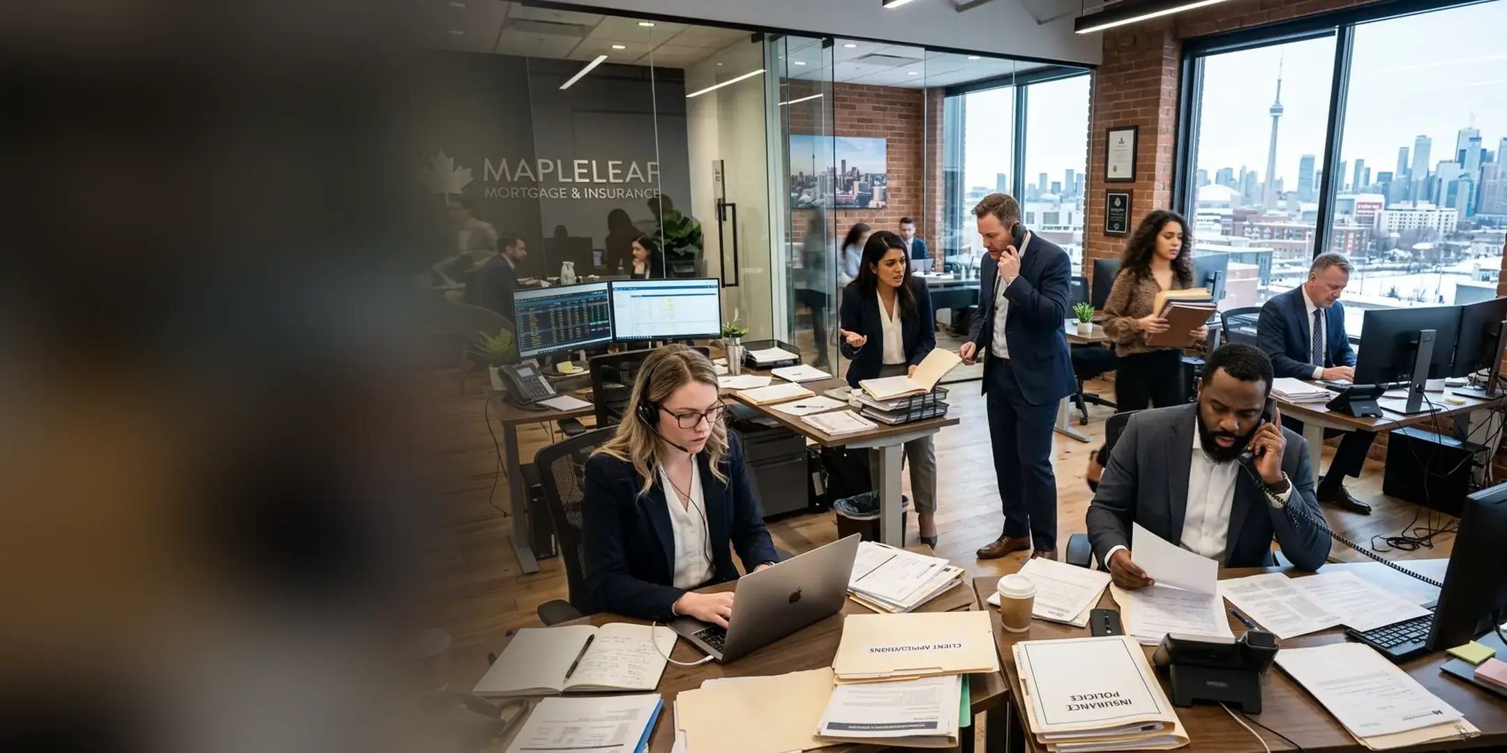 Mortgage and insurance brokers handling client calls and files in a Toronto office